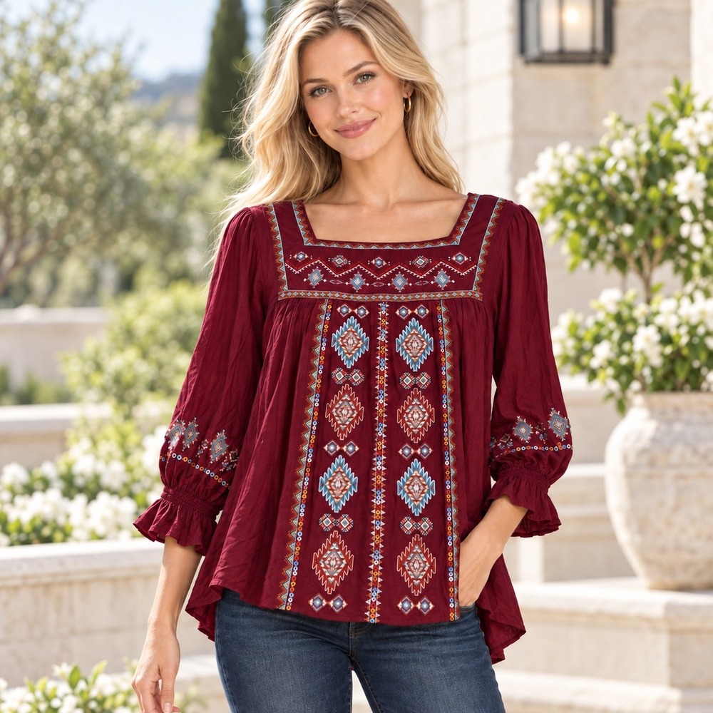 Savanna Jane Burgundy Embroidered Boho Peasant Top Square Neck 3/4 Sleeve NWT